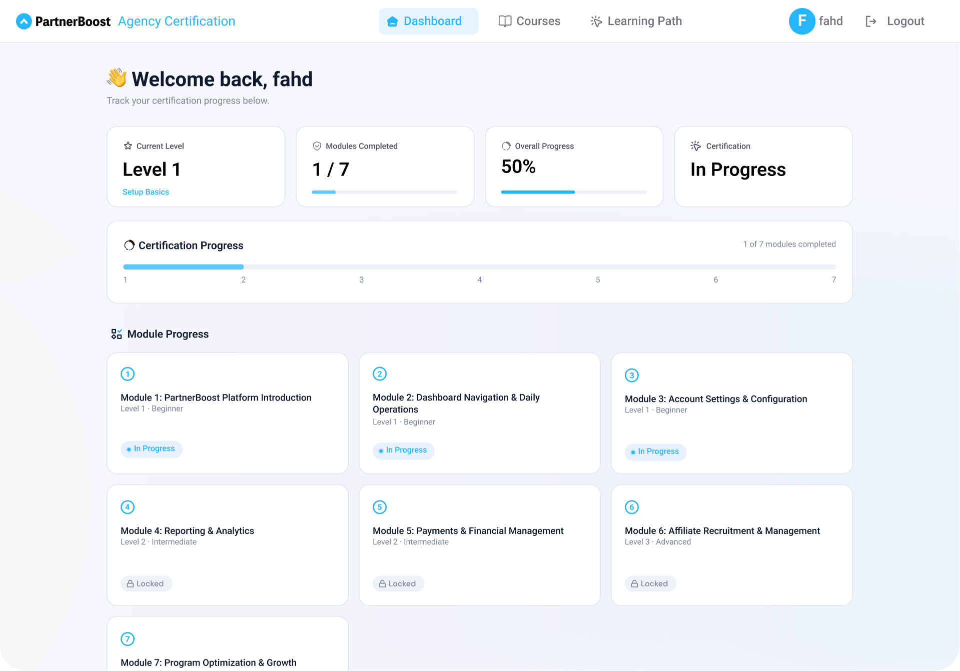 Aperçu du tableau de bord de certification PartnerBoost pour les agences