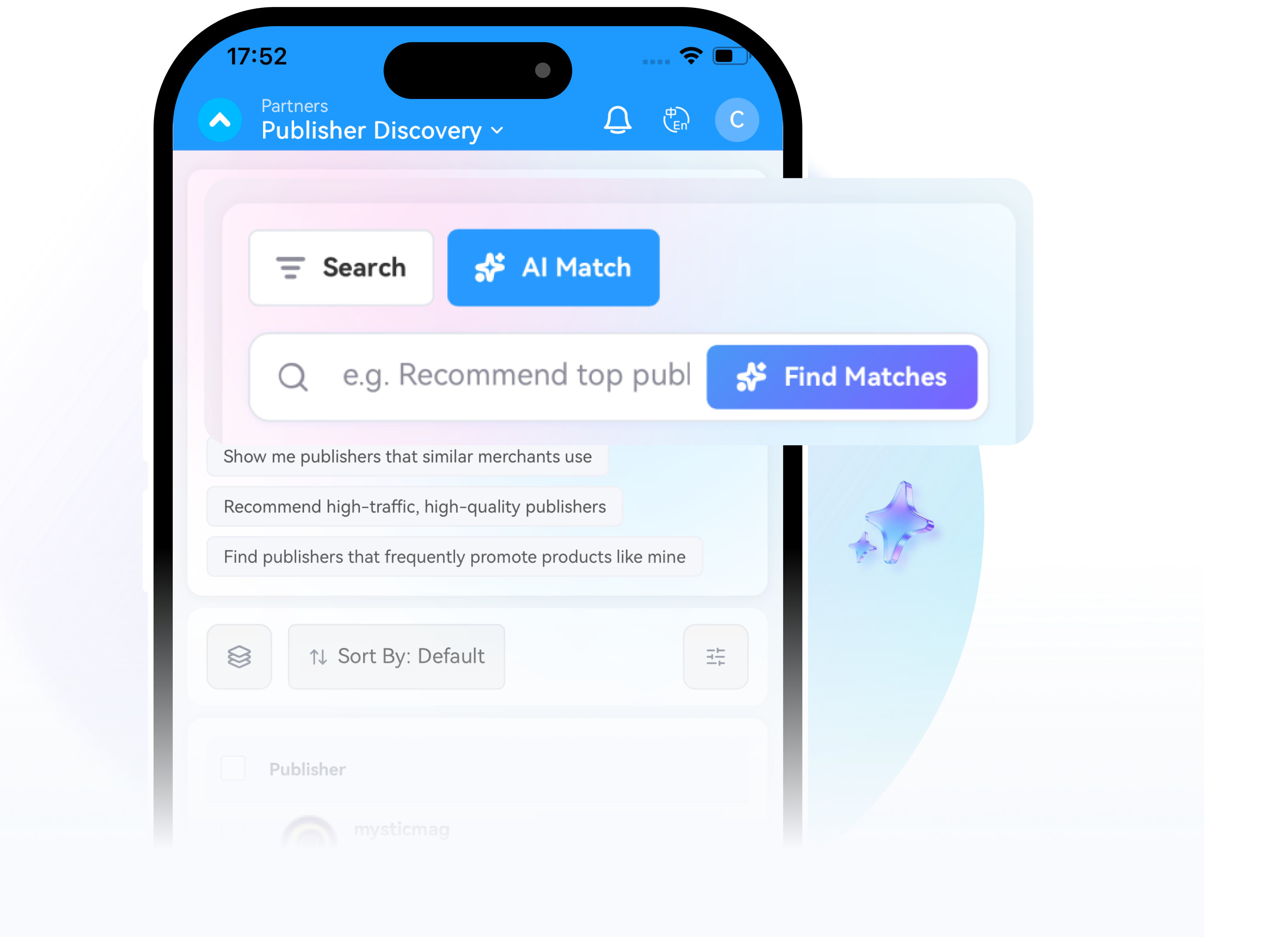 Écrans de recherche de partenaires de l'application PartnerBoost
