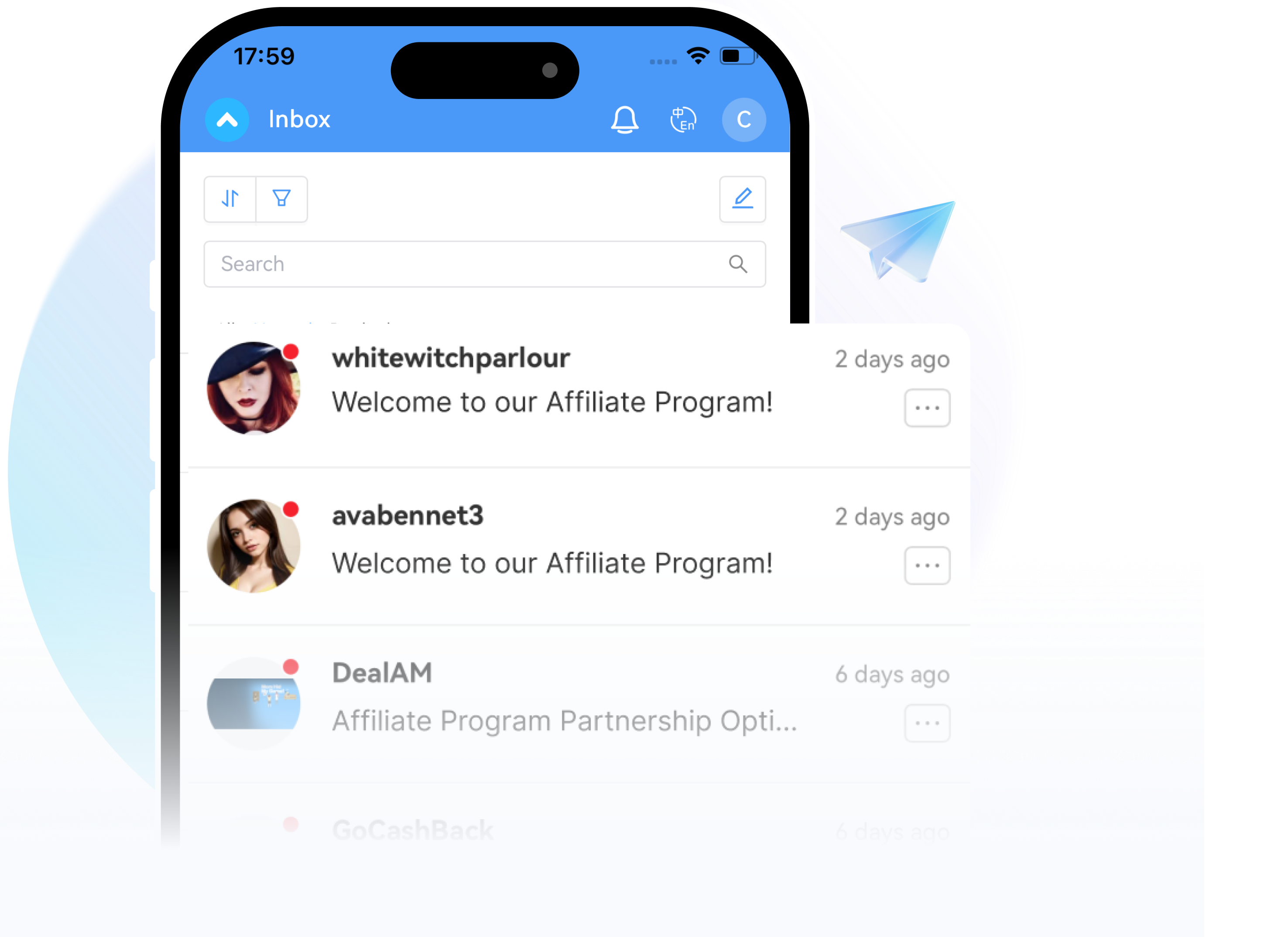 Écrans de messagerie et d'opérations de l'application PartnerBoost